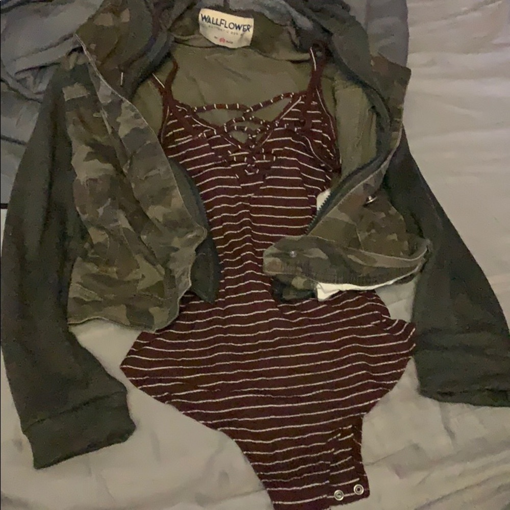 camo hooded wallflower jacket & striped tank top